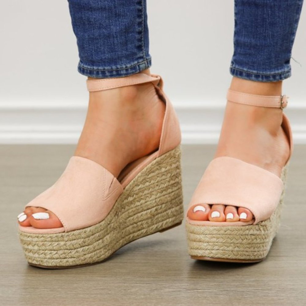 Blush Faux Suede Wedge Peep Toe Espadrille Sandal - Picture 6 of 8